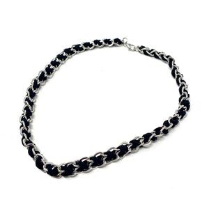 New Free People Silver Chain Braided Choker Necklace Black Textile